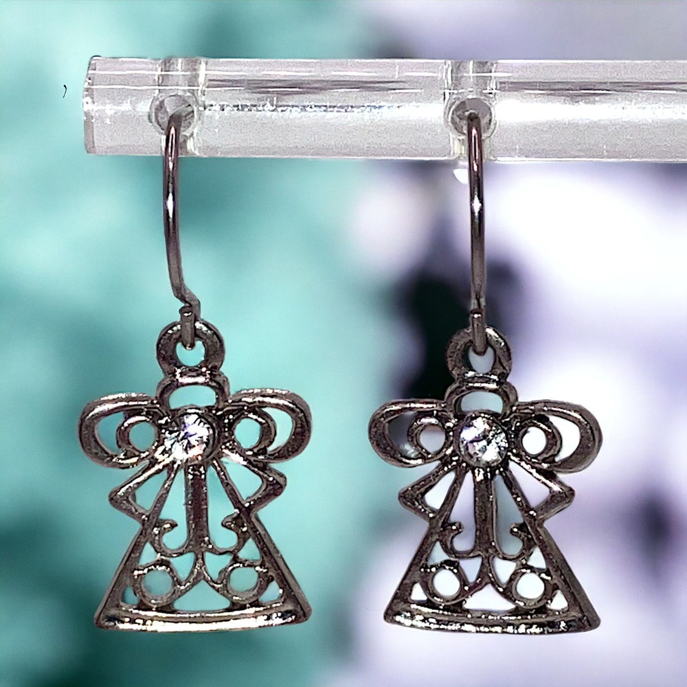 Vintage Silver Tone Angel Rhinestone Hanging 1 Inch Earrings!